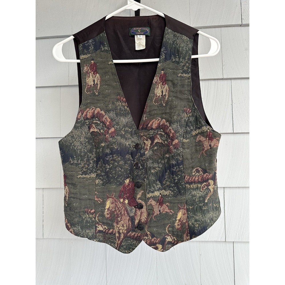 Vintage 1990s Charter Club Fox‎ Hunt Tapestry Vest Equestrian Cottagecore S